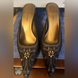 Black Faux Suede Evening Dressy Mules with Copper Embellished Details, Sz 8.5